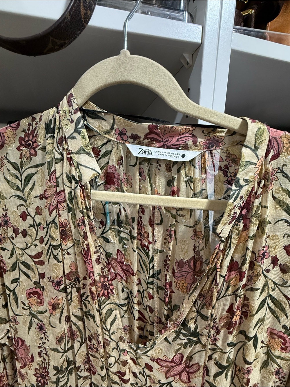 Zara Cream Floral Tie-Neck Blouse with Burgundy and Pink Accents